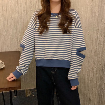 Crewneck Striped Cutout Pullover