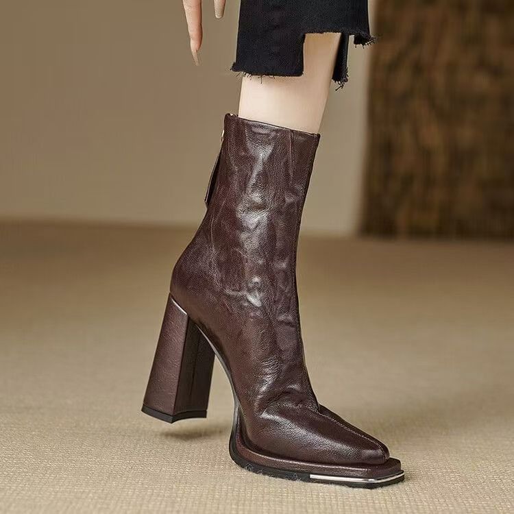 Boots Plain Chunky Heel Short
