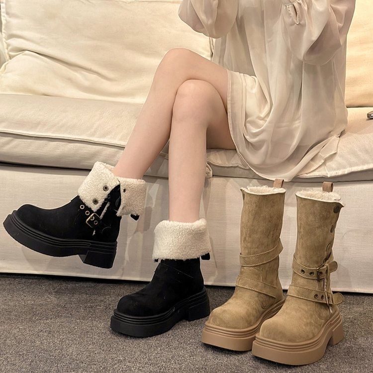 Boots Fur Mid Calf Buckled Faux