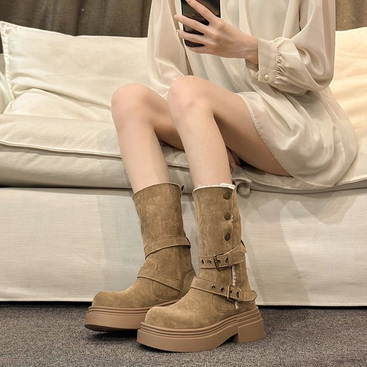 Boots Fur Mid Calf Buckled Faux