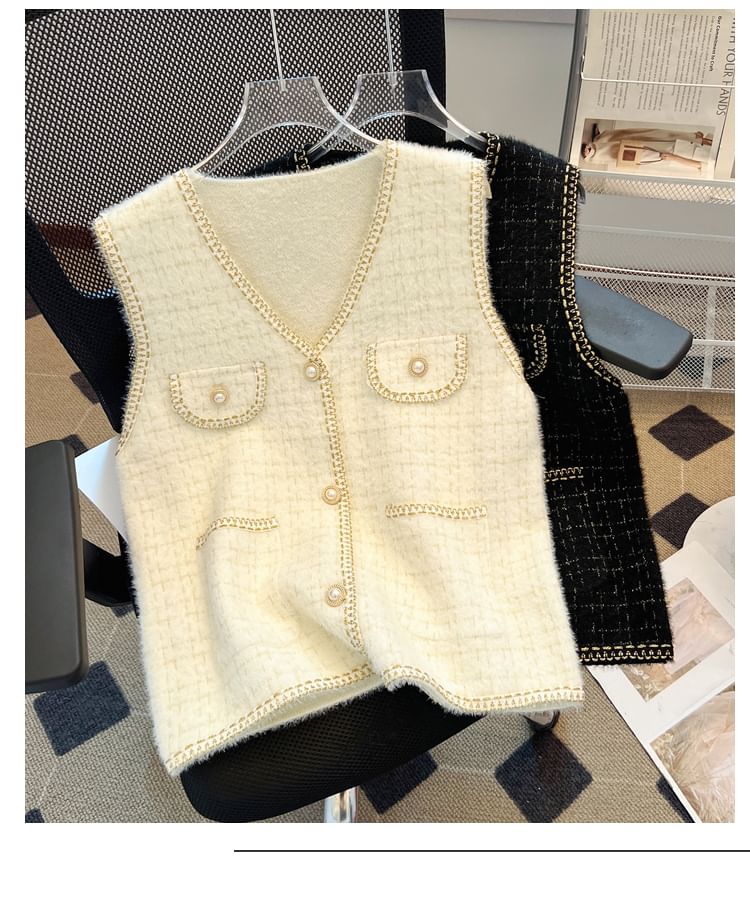 Sleeveless V-Neck Faux Pearl Button Tweed Vest
