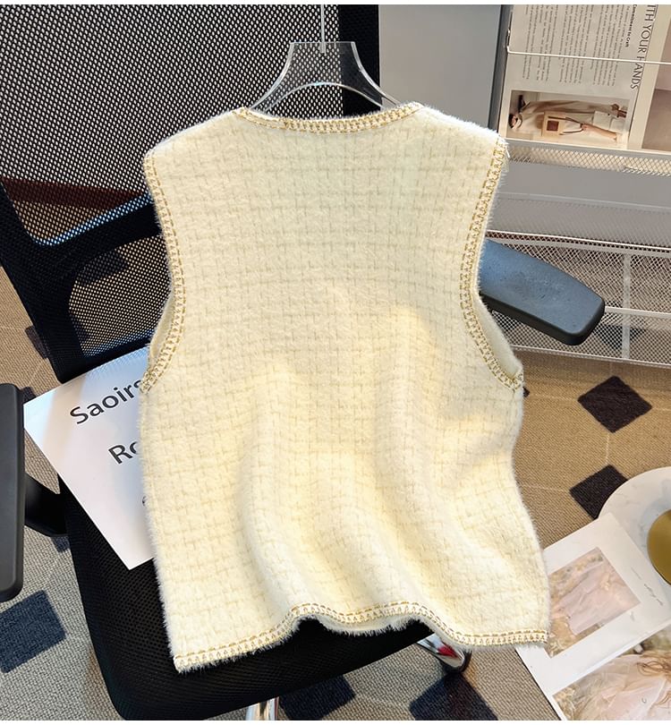 Sleeveless V-Neck Faux Pearl Button Tweed Vest