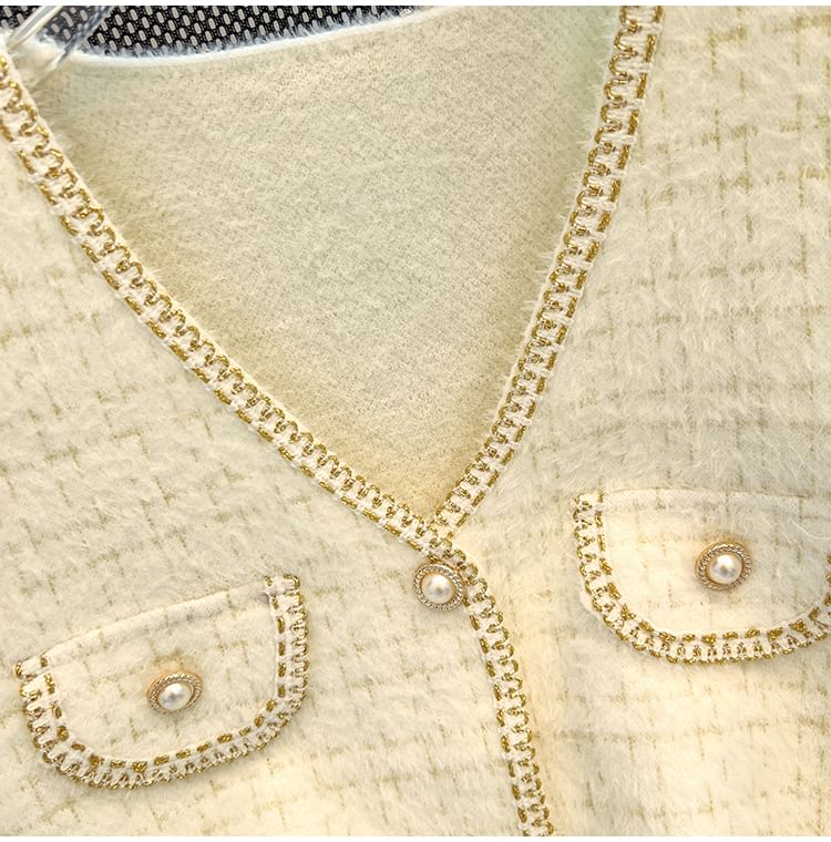 Sleeveless V-Neck Faux Pearl Button Tweed Vest