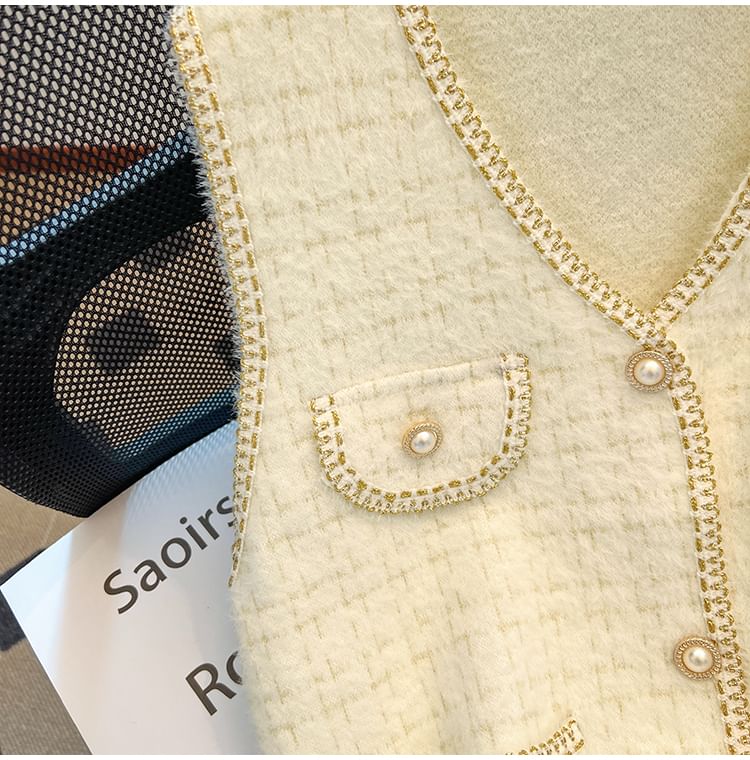 Sleeveless V-Neck Faux Pearl Button Tweed Vest