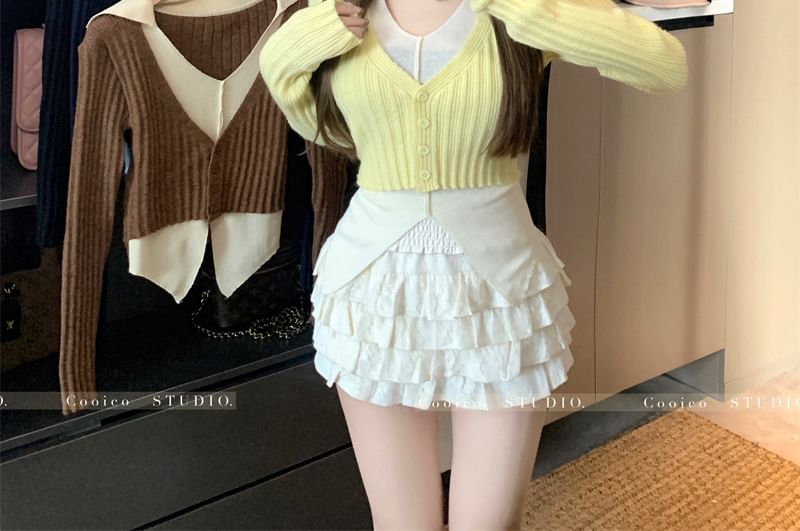 Long Sleeve V-Neck Collared Mock Two Piece Button Knit Top