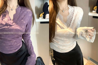 Long Sleeve V-Neck Plain Panel Lace Top