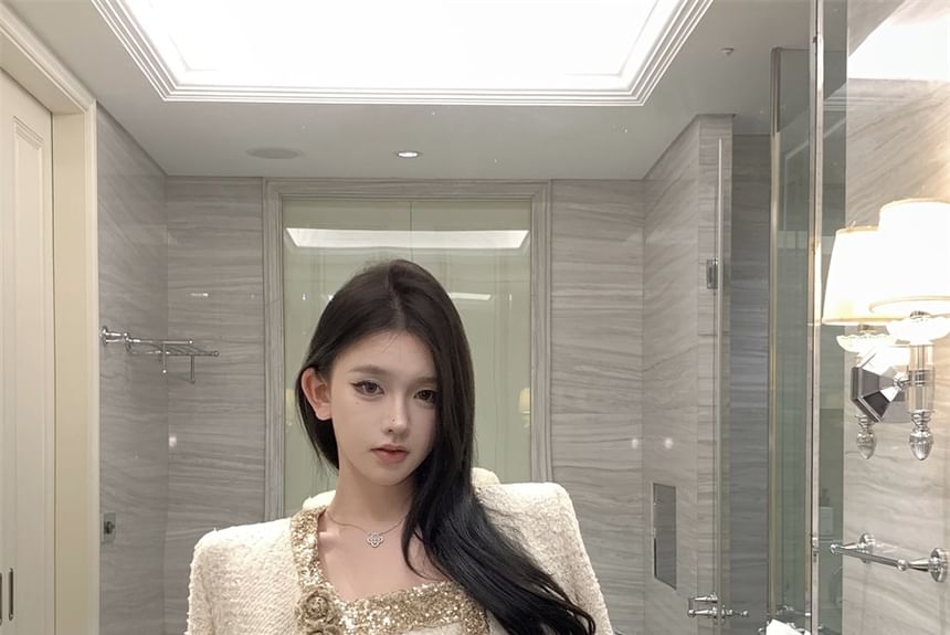 Set: Spaghetti Strap Glitter Tweed Mini A-Line Dress + Flower Crop Cardigan