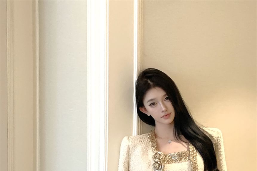 Set: Spaghetti Strap Glitter Tweed Mini A-Line Dress + Flower Crop Cardigan