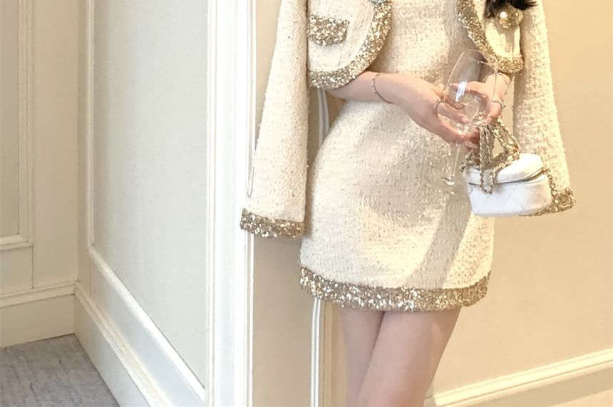Set: Spaghetti Strap Glitter Tweed Mini A-Line Dress + Flower Crop Cardigan