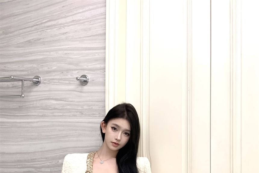 Set: Spaghetti Strap Glitter Tweed Mini A-Line Dress + Flower Crop Cardigan