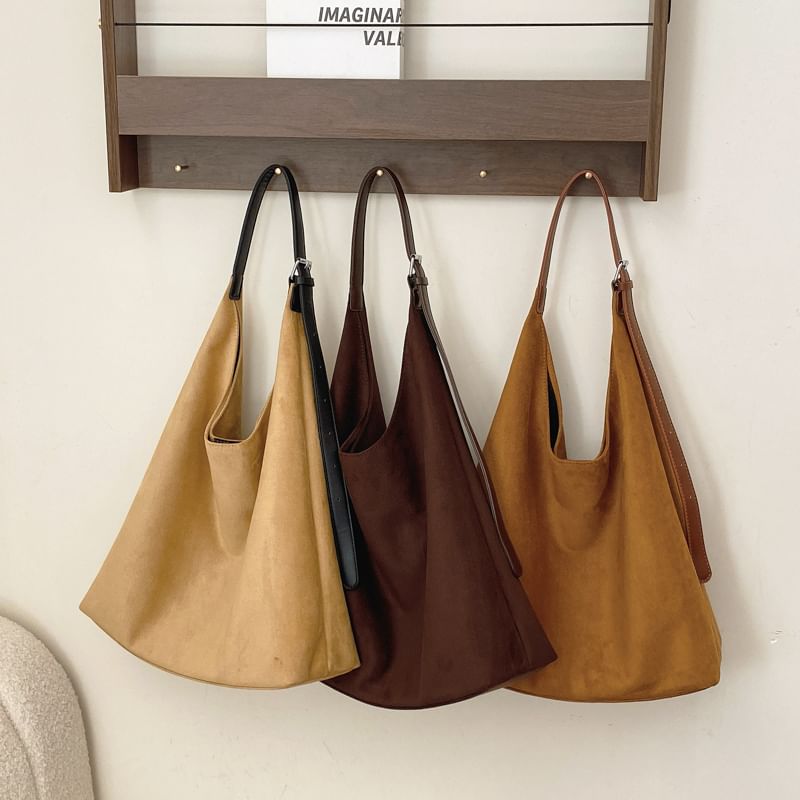 Set: Faux Suede Tote Bag With Pouch