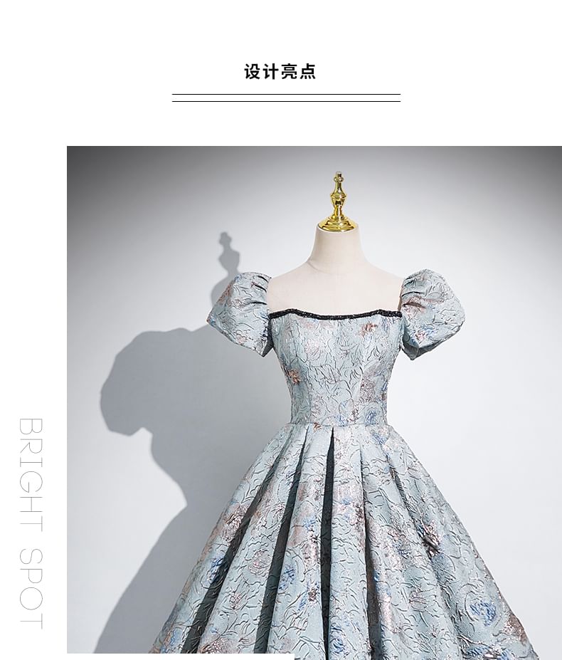 Puff Sleeve Square Neck Pleated Jacquard A-Line Evening Gown