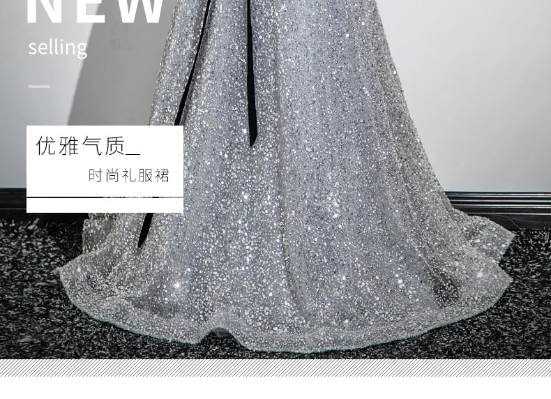 Puff Sleeve Sweetheart Neck Bow Sequin A-Line Evening Gown