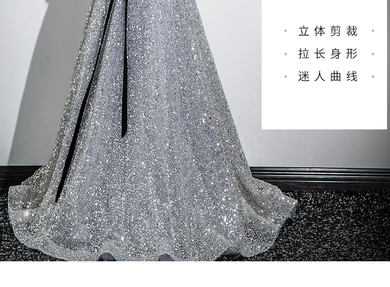 Puff Sleeve Sweetheart Neck Bow Sequin A-Line Evening Gown