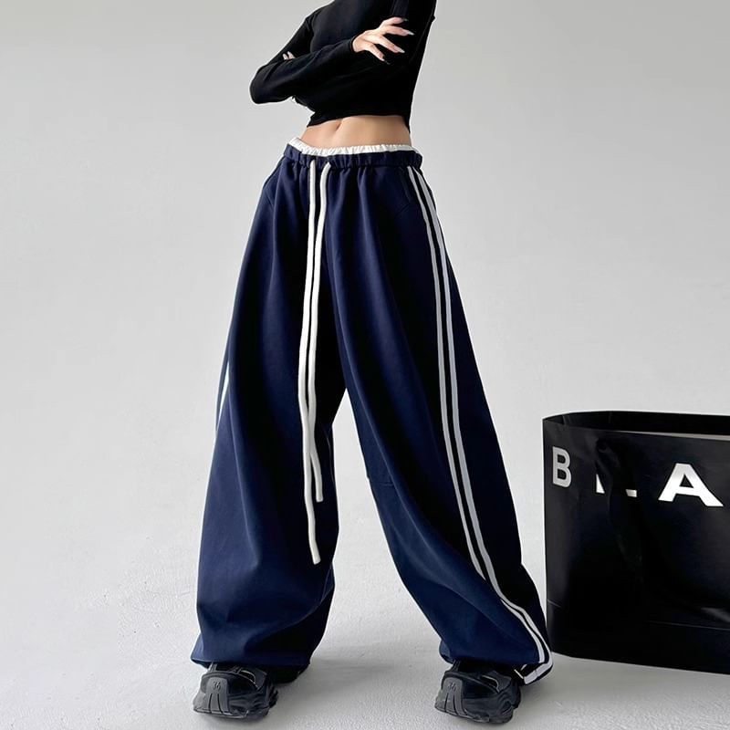 Low Waist Ruffled-Trim Striped Loose-Fit Wide-Leg Sweatpants