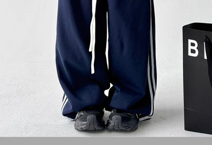 Low Waist Ruffled-Trim Striped Loose-Fit Wide-Leg Sweatpants