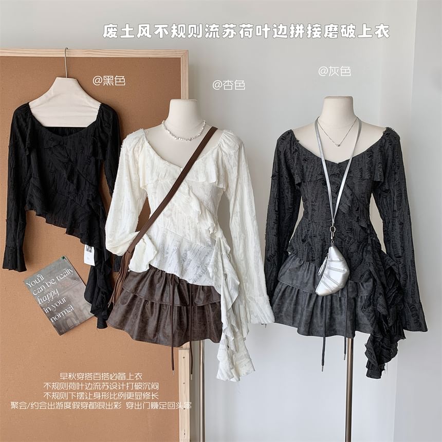 Trim Plain Top Scoop Ruffle Asymmetrical Neck Long-Sleeve