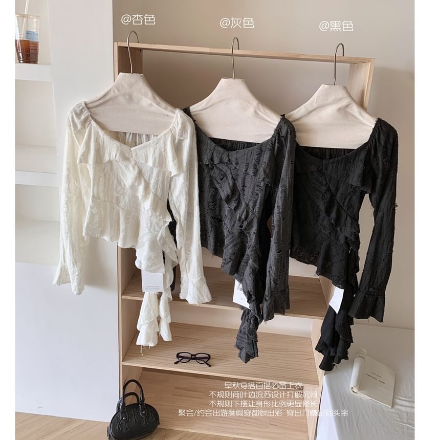 Trim Plain Top Scoop Ruffle Asymmetrical Neck Long-Sleeve