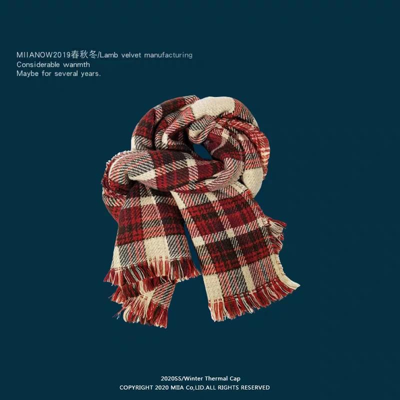 Lettering Embroidered Plaid / Plain Scarf