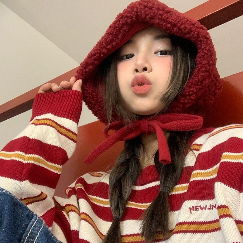 Plain Fleece / Tie-Up Hat Beanie Knit Cable