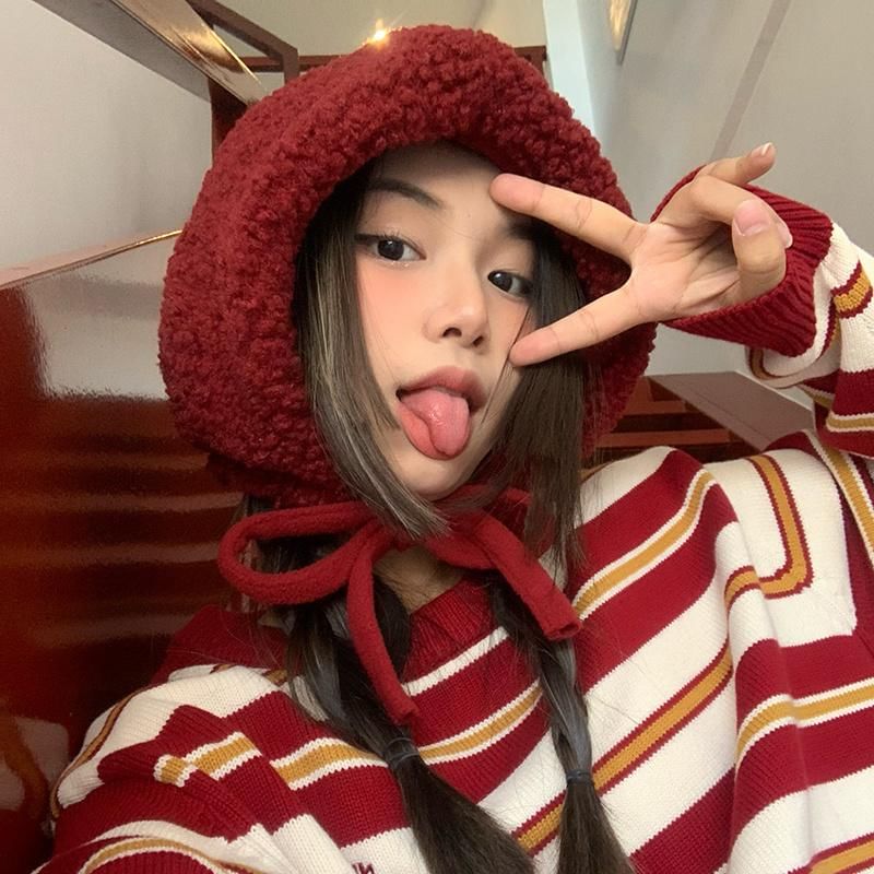 Plain Fleece / Tie-Up Hat Beanie Knit Cable