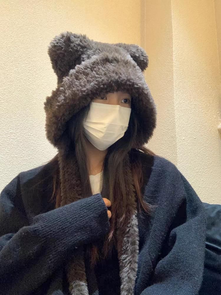 Plain Ribbed Ear Bear Beanie Fluffy Hat /