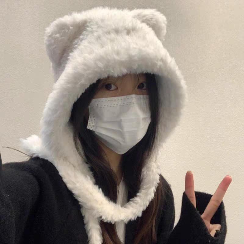 Hat / Bear Plain Ear Beanie Fluffy Ribbed