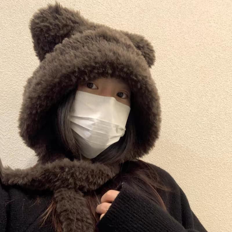 Hat / Bear Plain Ear Beanie Fluffy Ribbed