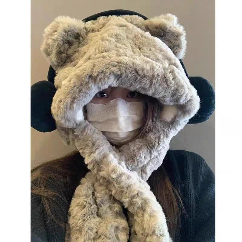 Scarf Ribbed Bear Hooded Beanie / Fluffy Ear