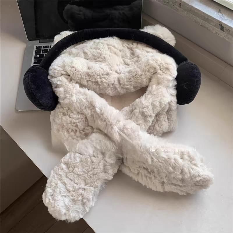 Scarf Ribbed Bear Hooded Beanie / Fluffy Ear