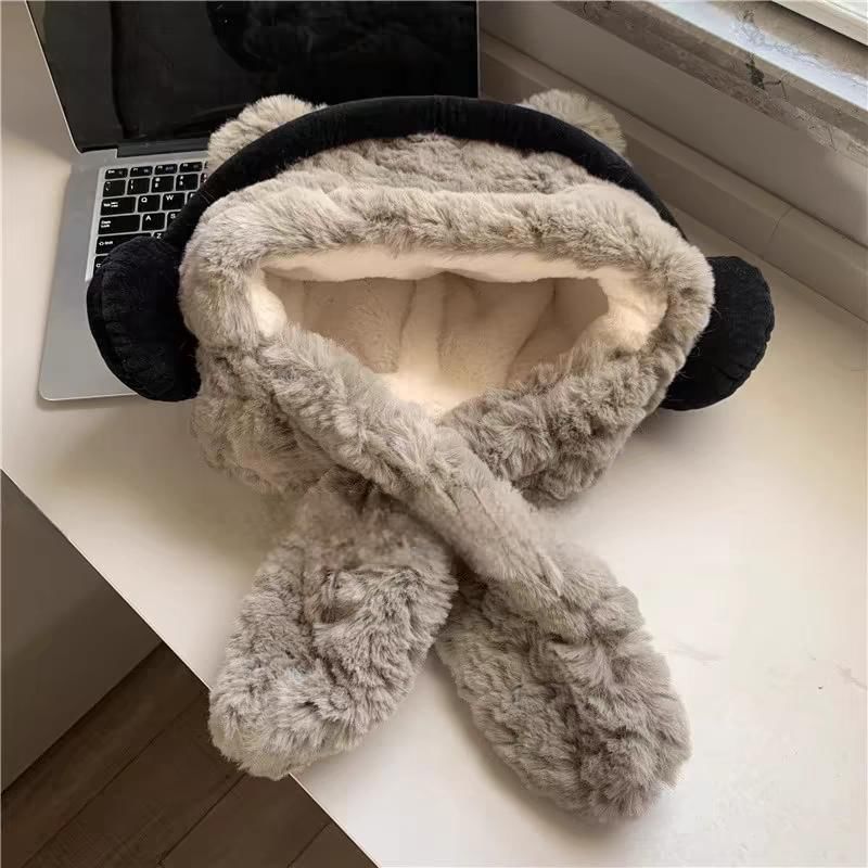 Scarf Ribbed Bear Hooded Beanie / Fluffy Ear