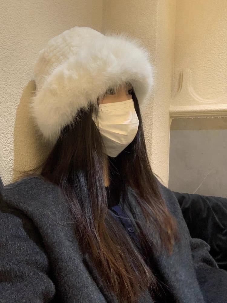 / Panel Plain Bucket Fluffy Hat