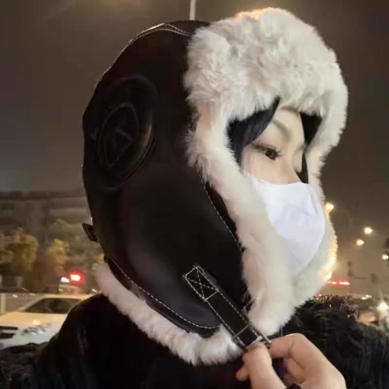 Trapper Fluffy Hat Faux / Plain Leather Panel