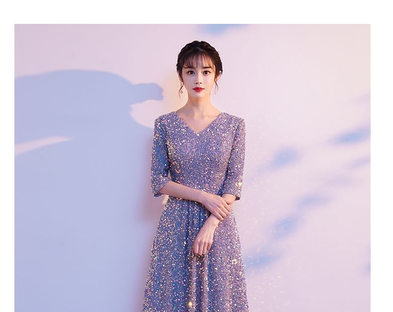 Sequin Elbow-Sleeve V-Neck A-Line Gown Evening