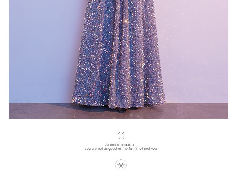 Sequin Elbow-Sleeve V-Neck A-Line Gown Evening