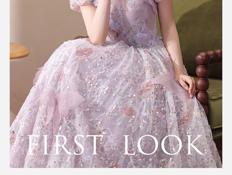 Embroidered Evening Sequin A-Line Flower Gown Puff-Sleeve
