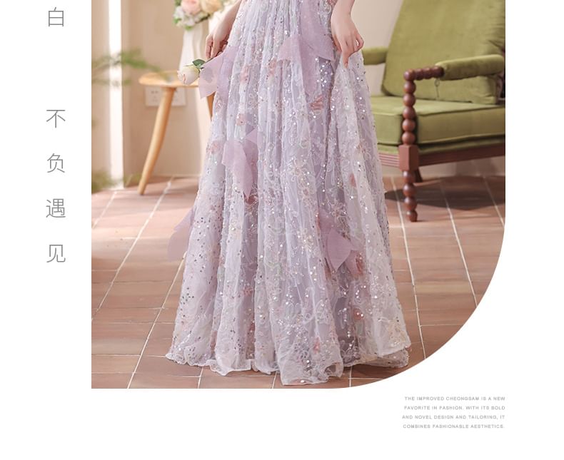 Embroidered Evening Sequin A-Line Flower Gown Puff-Sleeve