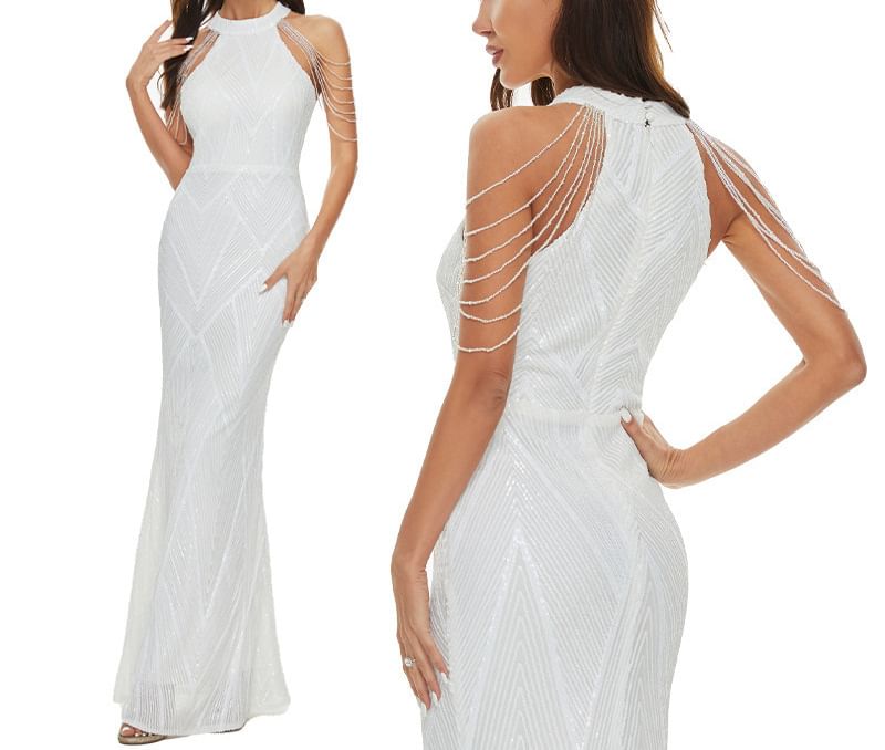 Evening Halter Strappy Mermaid Gown Beaded Sequin