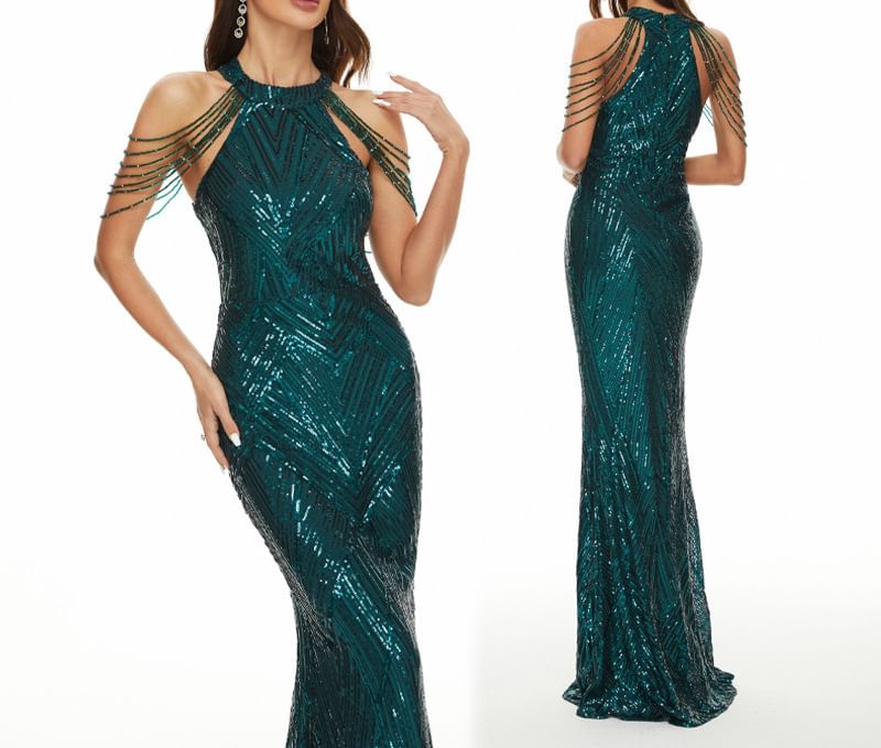 Evening Halter Strappy Mermaid Gown Beaded Sequin