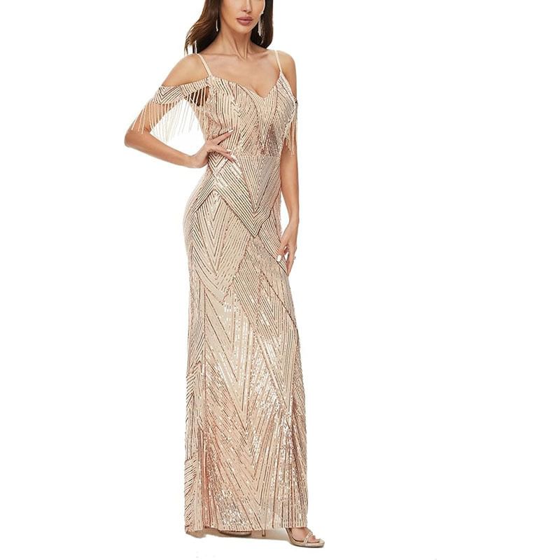 Trumpet Beaded Cold-Shoulder Sequin Gown Evening
