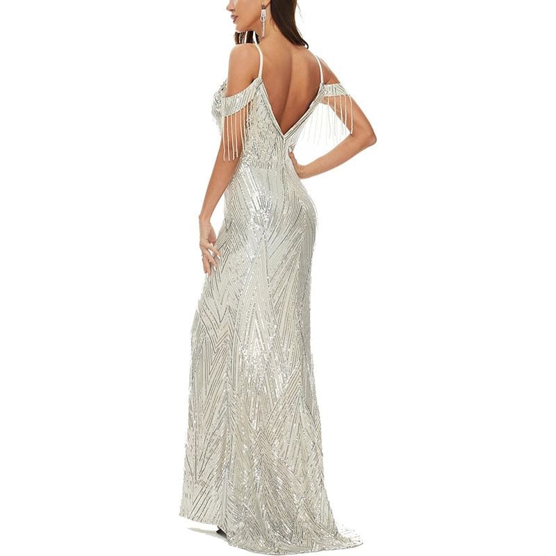 Trumpet Beaded Cold-Shoulder Sequin Gown Evening