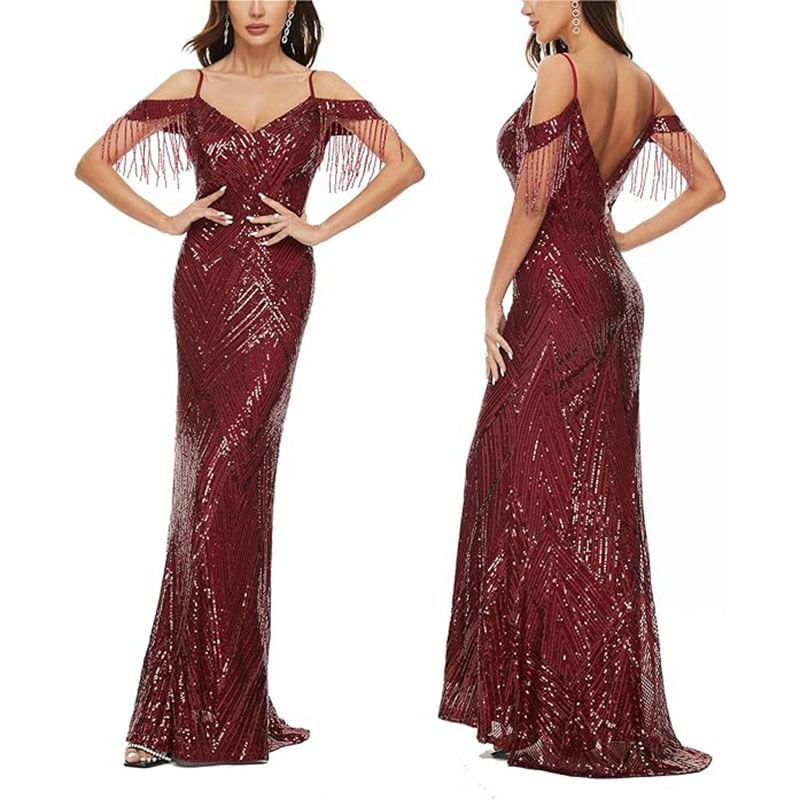 Trumpet Beaded Cold-Shoulder Sequin Gown Evening