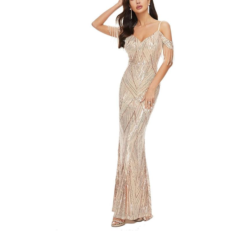 Trumpet Beaded Cold-Shoulder Sequin Gown Evening
