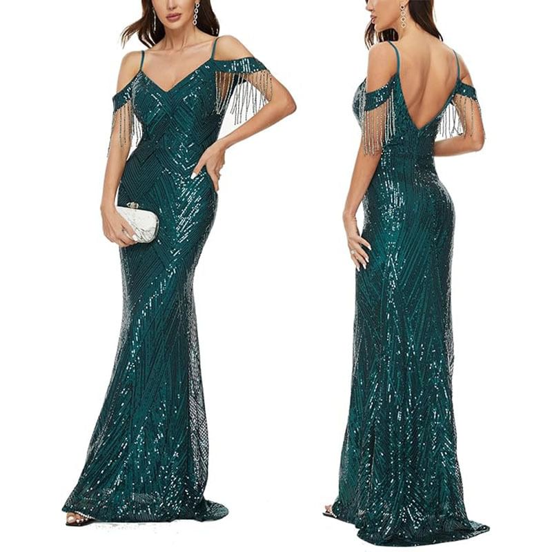 Trumpet Beaded Cold-Shoulder Sequin Gown Evening