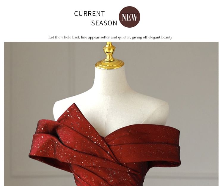 Mesh Glitter Gown A-Line Asymmetrical Evening Off-Shoulder Panel