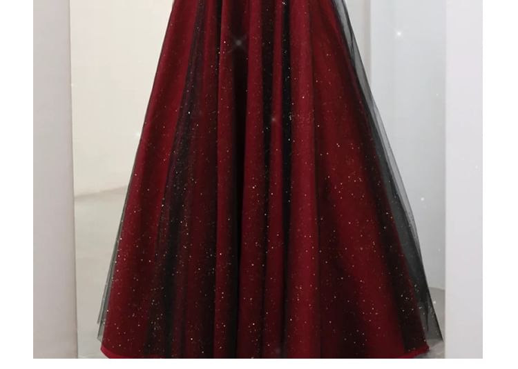 Mesh Glitter Gown A-Line Asymmetrical Evening Off-Shoulder Panel