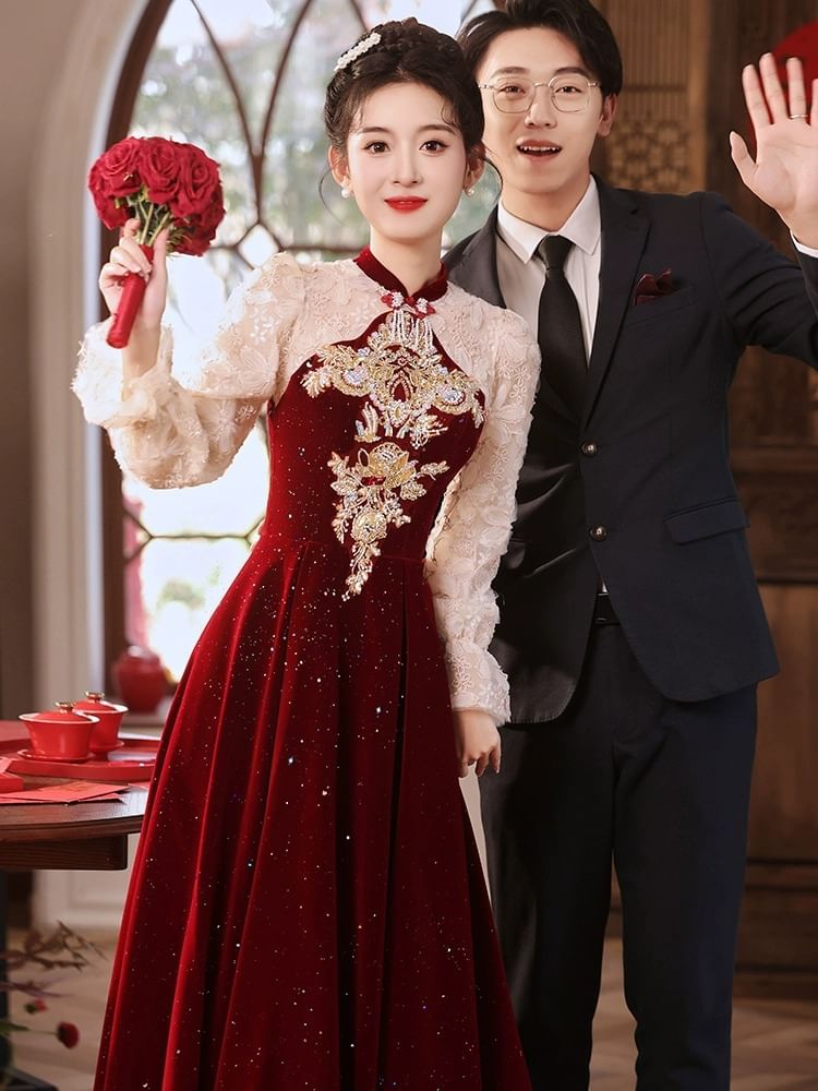 Puff-Sleeve Embroidered Flower A-Line Gown Evening Sequin