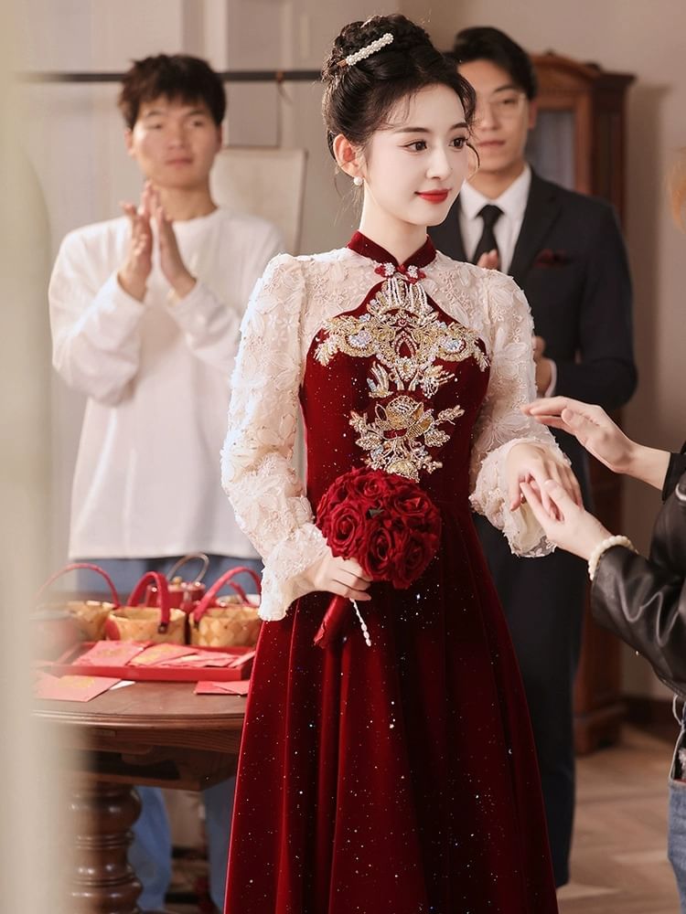 Puff-Sleeve Embroidered Flower A-Line Gown Evening Sequin