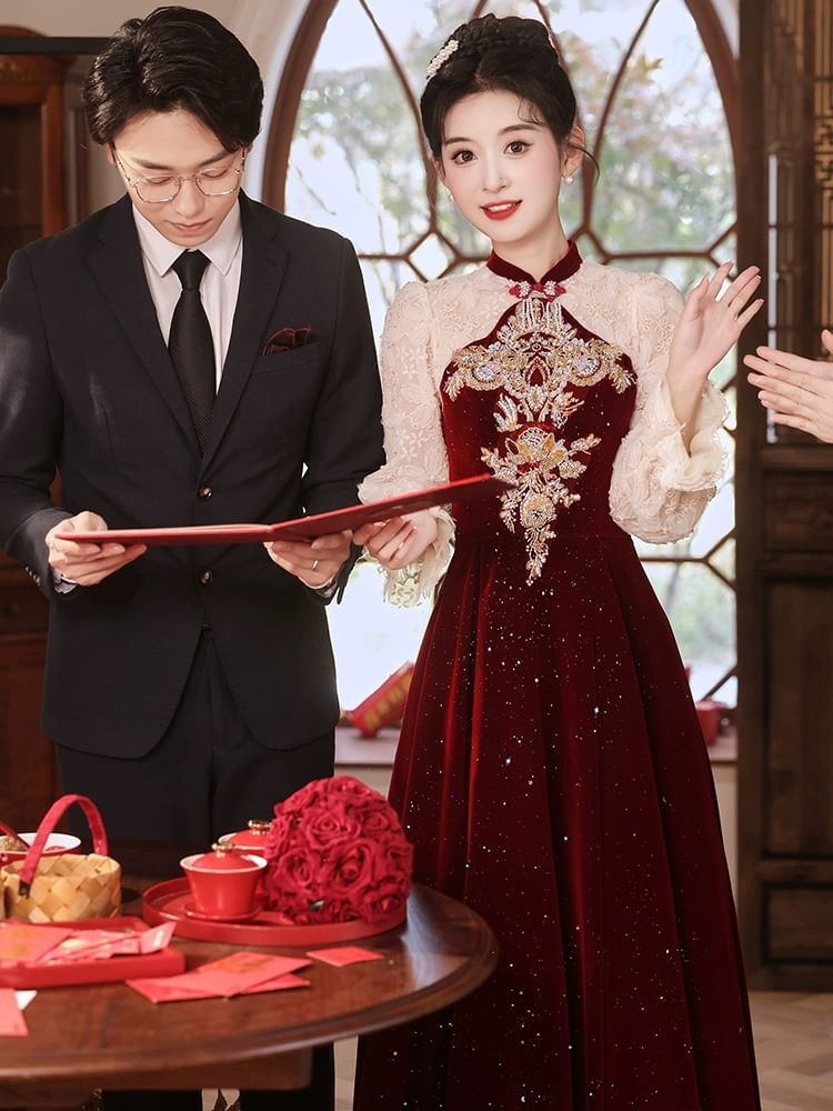 Puff-Sleeve Embroidered Flower A-Line Gown Evening Sequin