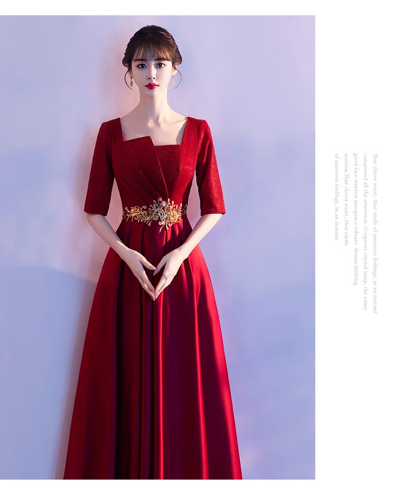 Elbow-Sleeve Gown Evening Square Neck A-Line Embroidered